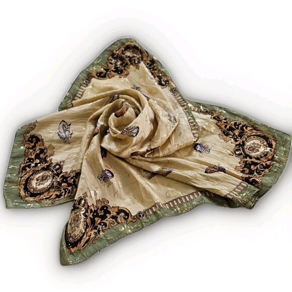 Unbranded Silk Scarf Womens 31 x 32 Inches Multicolor Gold Floral Feathers Print - Picture 3 of 15